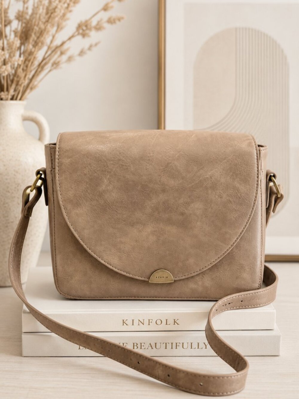 Azaria Naomi Vegan Leather Crossbody Bag Taupe Distressed Flap Minimalist Boho
